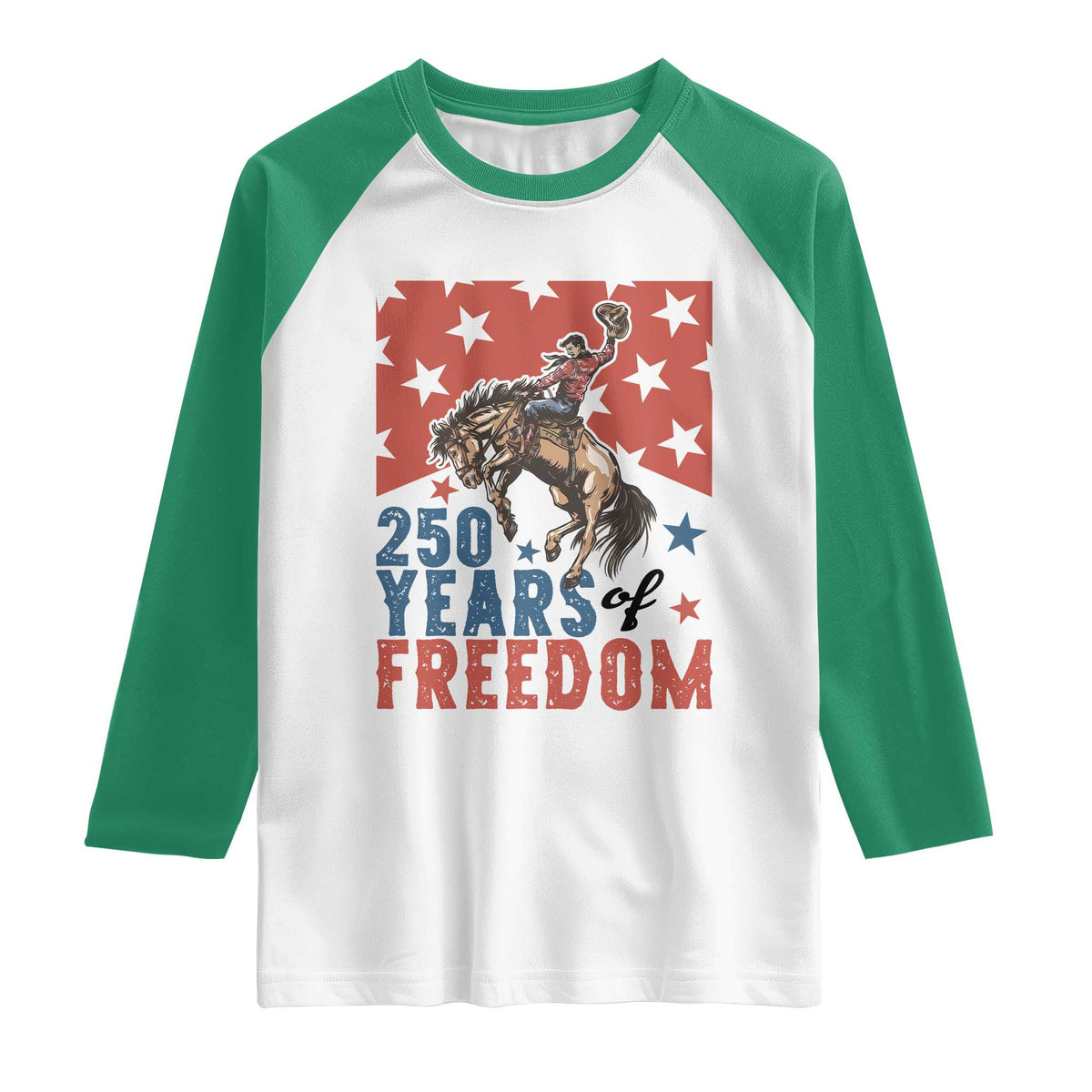 American Rodeo 250th Anniversary Raglan Shirt Western Cowboy Patriotic Fourth of July TS14 White Kelly Green Print Your Wear