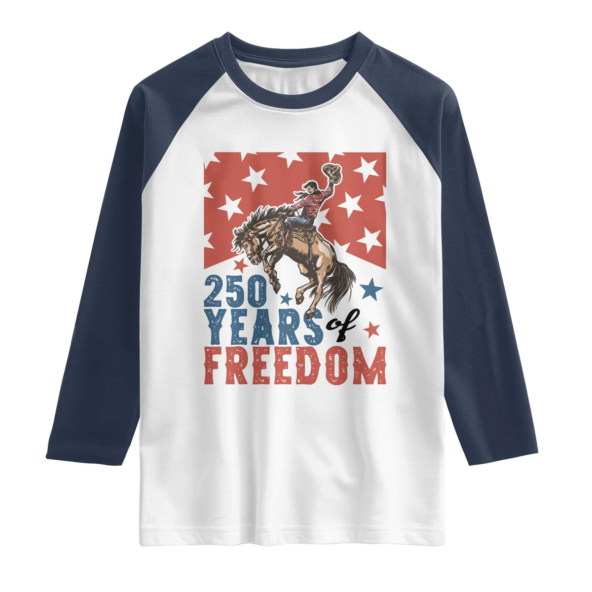 American Rodeo 250th Anniversary Raglan Shirt Western Cowboy Patriotic Fourth of July TS14 White Navy Print Your Wear