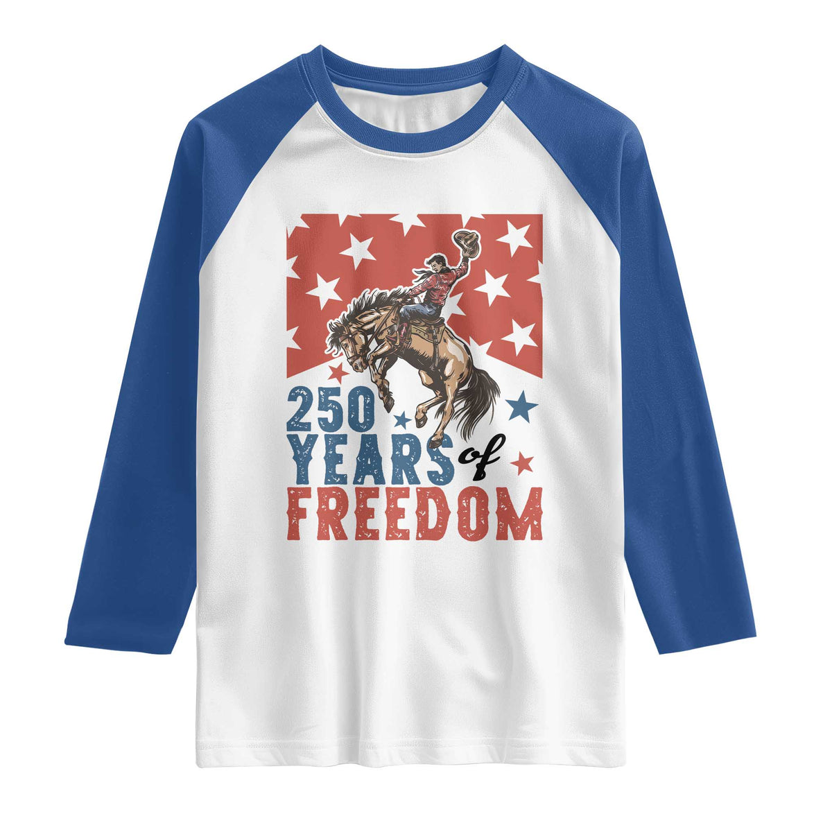 American Rodeo 250th Anniversary Raglan Shirt Western Cowboy Patriotic Fourth of July TS14 White Royal Print Your Wear