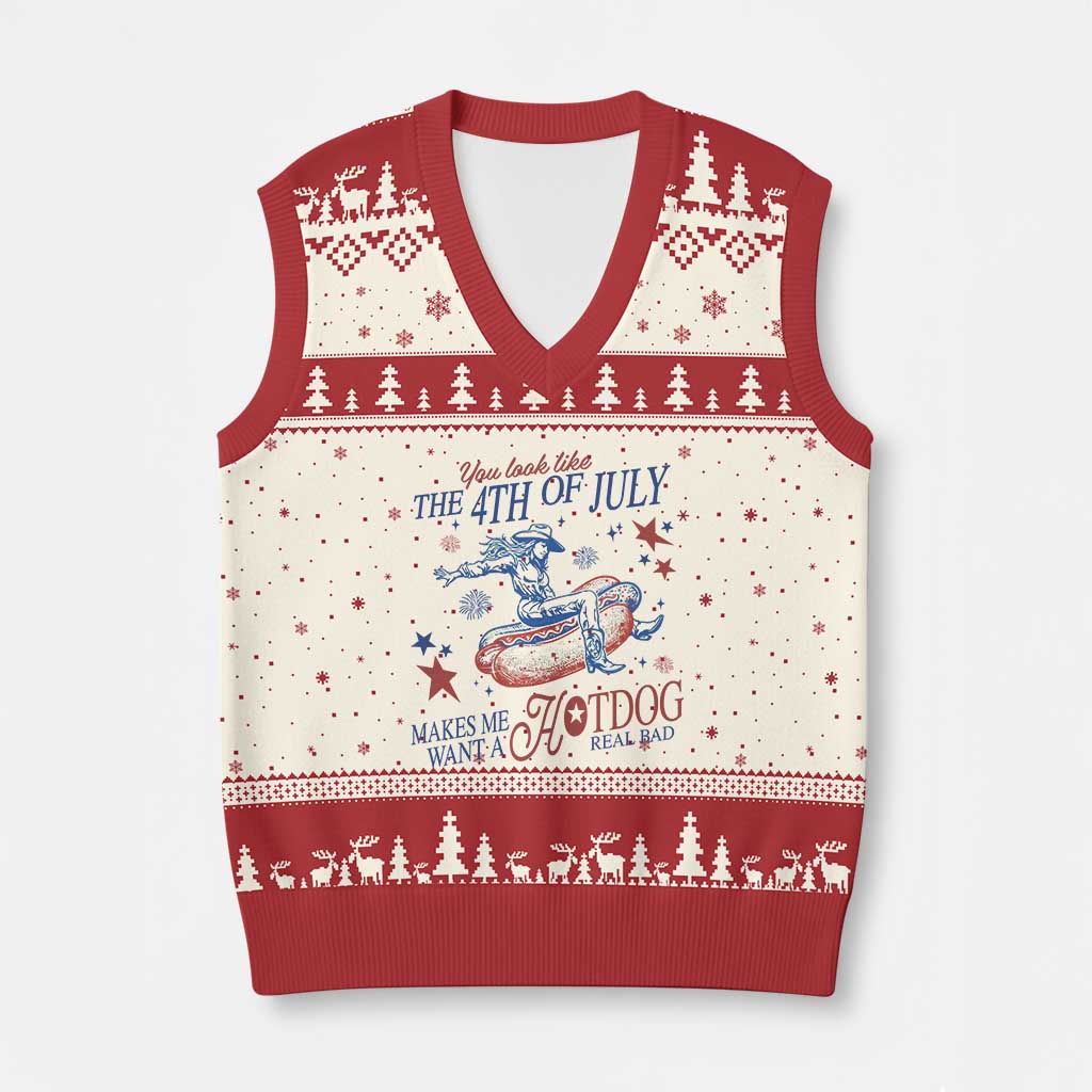 Western Cowgirl You Look Like the 4th of July V-Neck Knit Sweater Vest Makes Me Want A Hot Dog Real Bad TS14 Beige Red Print Your Wear