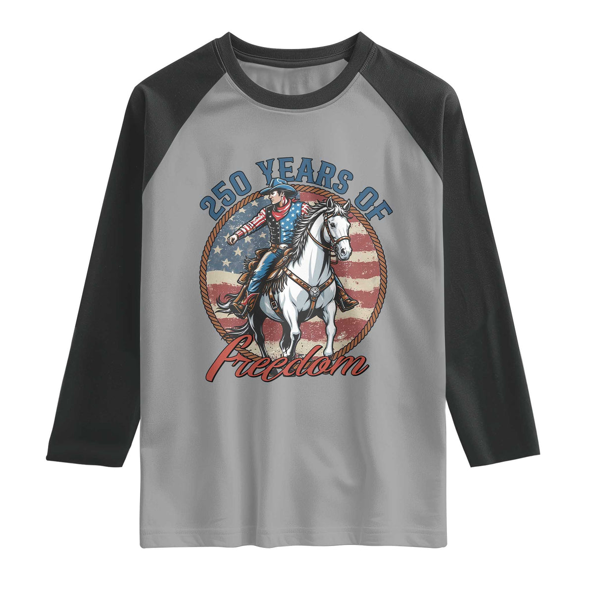 America 250th Anniversary Raglan Shirt American Flag Cowboy Rodeo 4th of July TS14 Sport Gray Black Print Your Wear