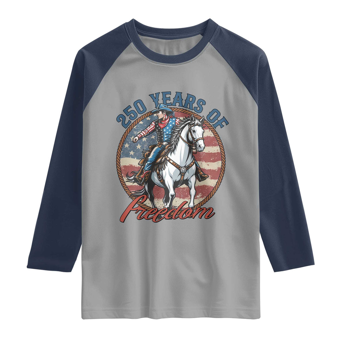 America 250th Anniversary Raglan Shirt American Flag Cowboy Rodeo 4th of July TS14 Sport Gray Navy Print Your Wear
