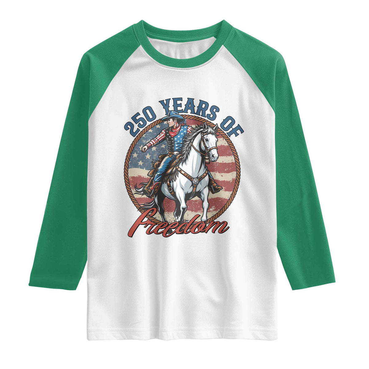 America 250th Anniversary Raglan Shirt American Flag Cowboy Rodeo 4th of July TS14 White Kelly Green Print Your Wear