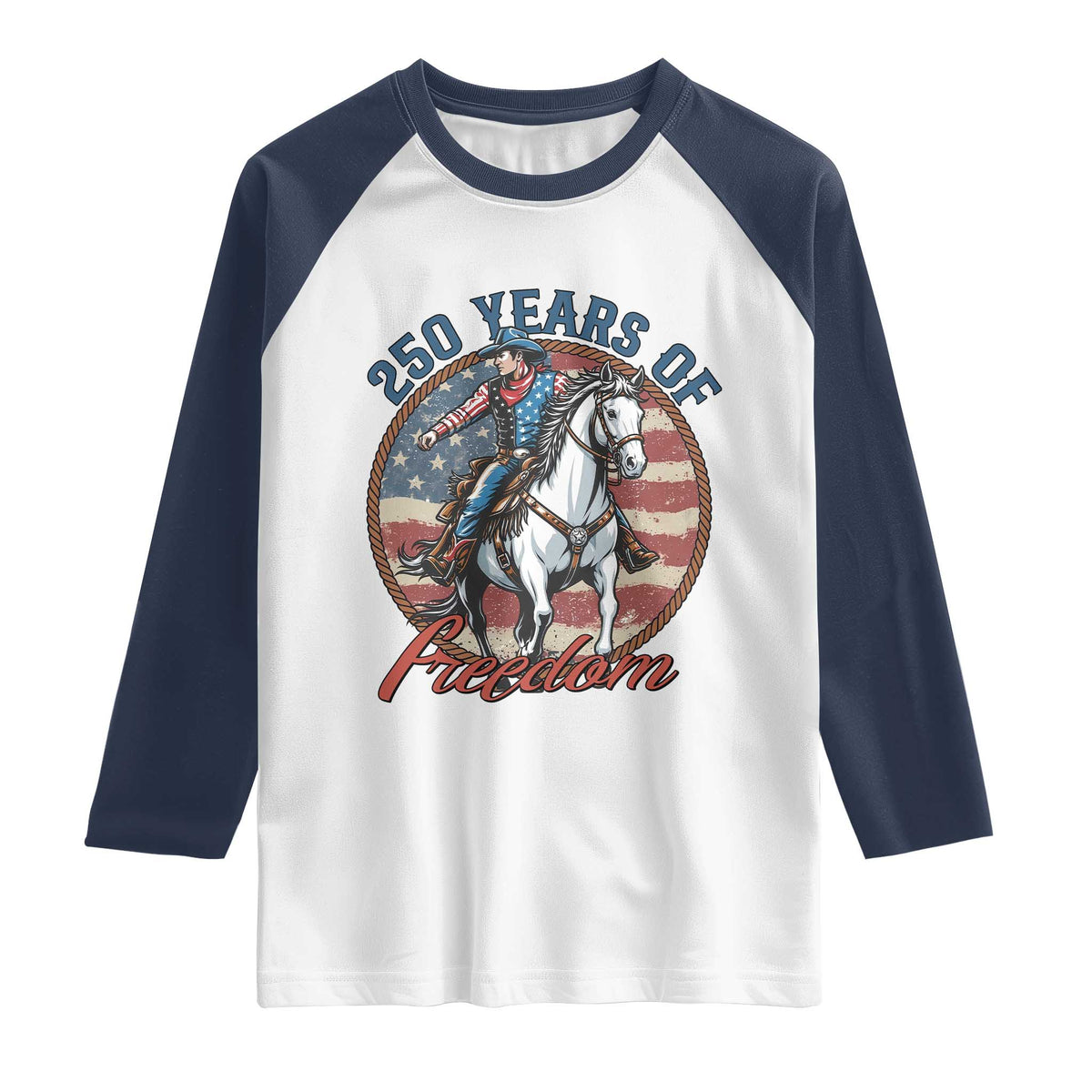 America 250th Anniversary Raglan Shirt American Flag Cowboy Rodeo 4th of July TS14 White Navy Print Your Wear