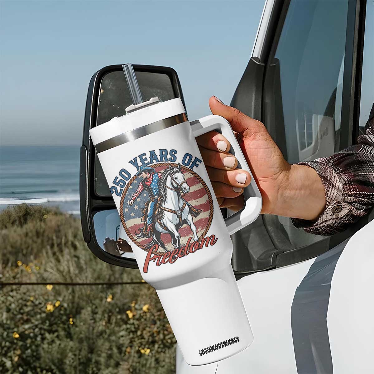America 250th Anniversary Tumbler With Handle American Flag Cowboy Rodeo 4th of July TS14 Print Your Wear