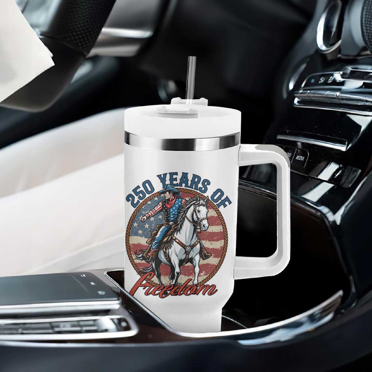 America 250th Anniversary Tumbler With Handle American Flag Cowboy Rodeo 4th of July TS14 Print Your Wear