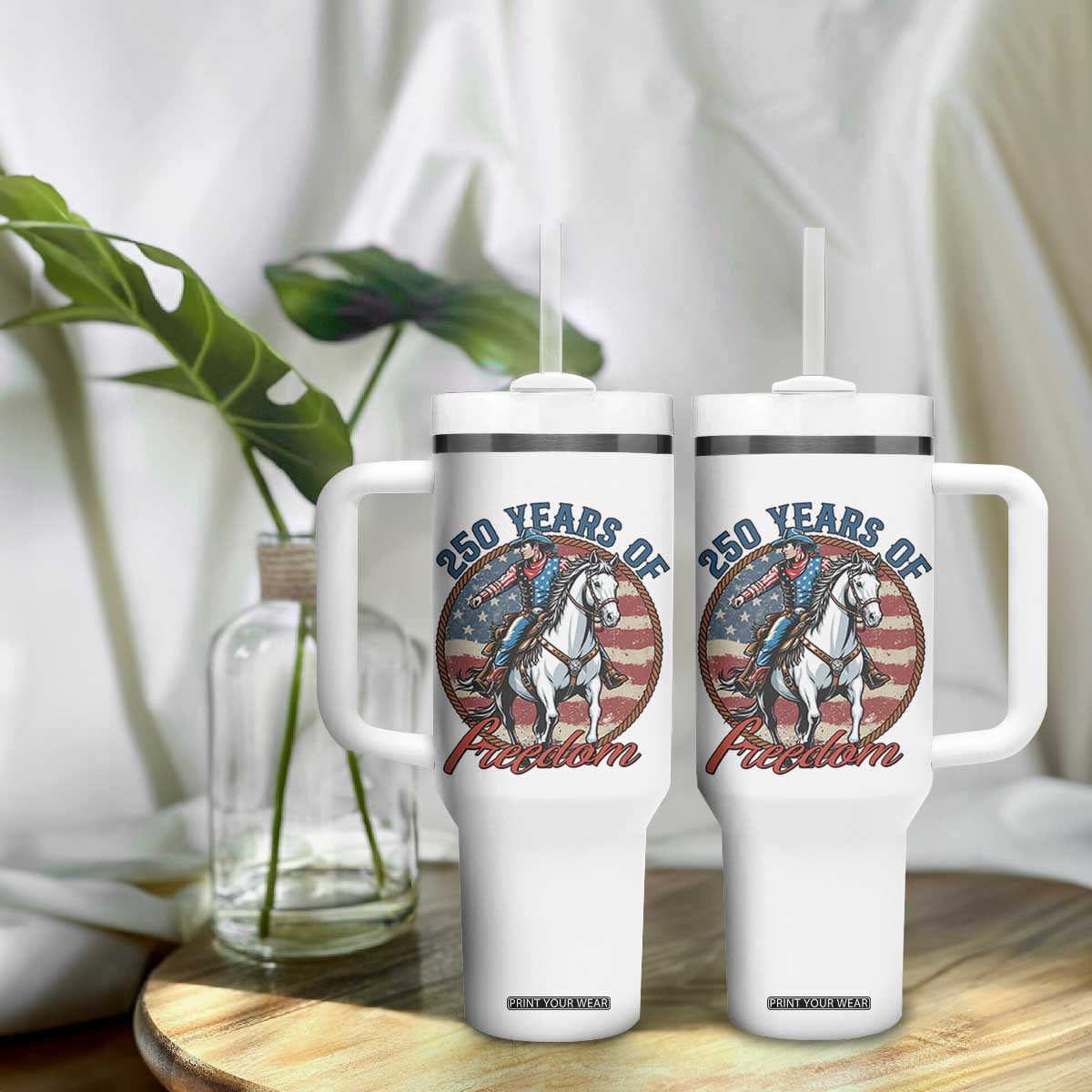 America 250th Anniversary Tumbler With Handle American Flag Cowboy Rodeo 4th of July TS14 Print Your Wear