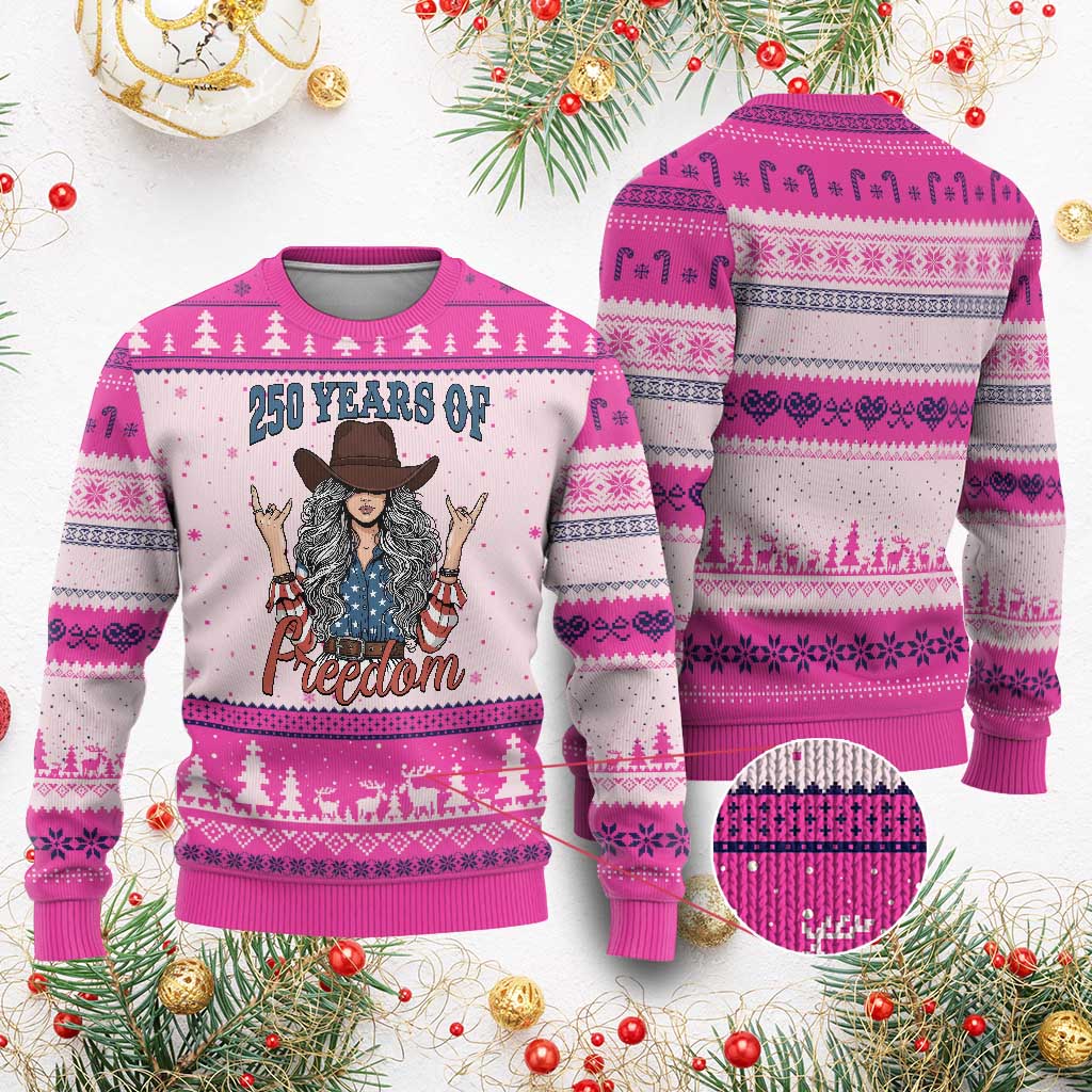 America 250th Anniversary Ugly Christmas Sweater Western Cowgirl American Flag 4th of July TS14 Hot Pink Print Your Wear