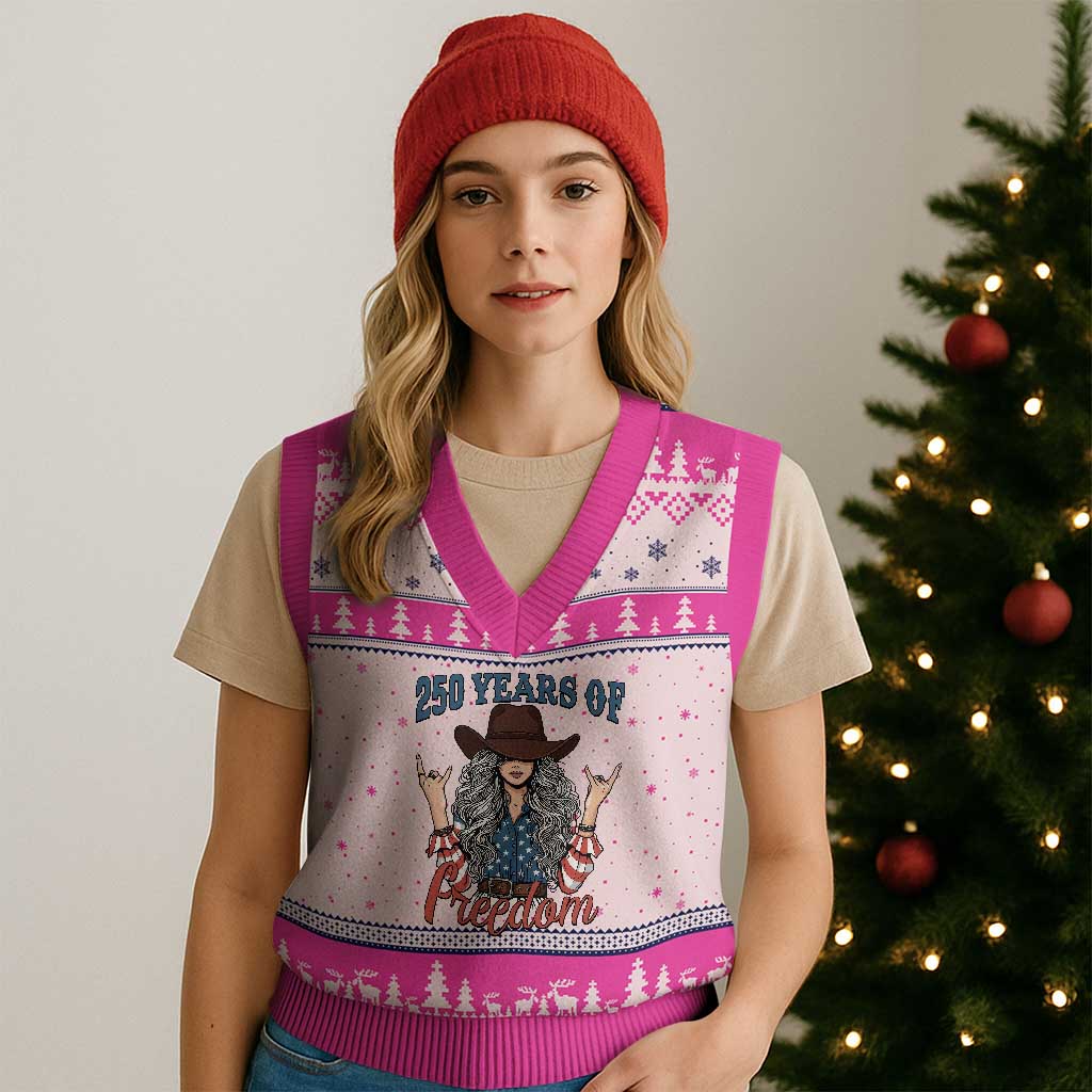 America 250th Anniversary V-Neck Knit Sweater Vest Western Cowgirl American Flag 4th of July TS14 Hot Pink Print Your Wear