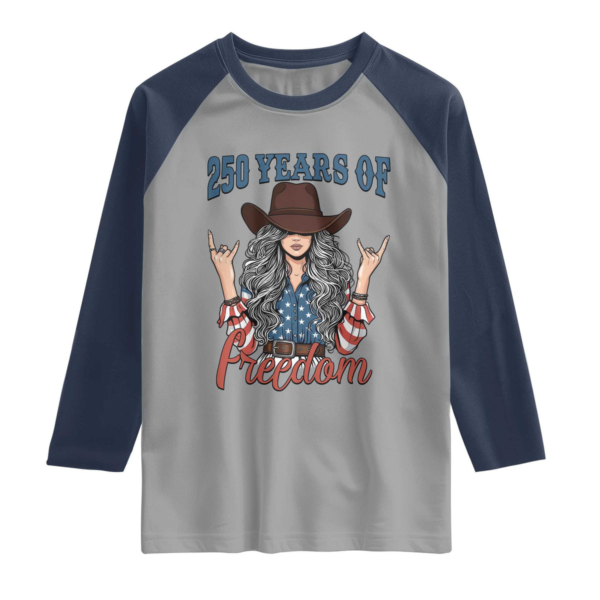 America 250th Anniversary Raglan Shirt Western Cowgirl American Flag 4th of July TS14 Sport Gray Navy Print Your Wear