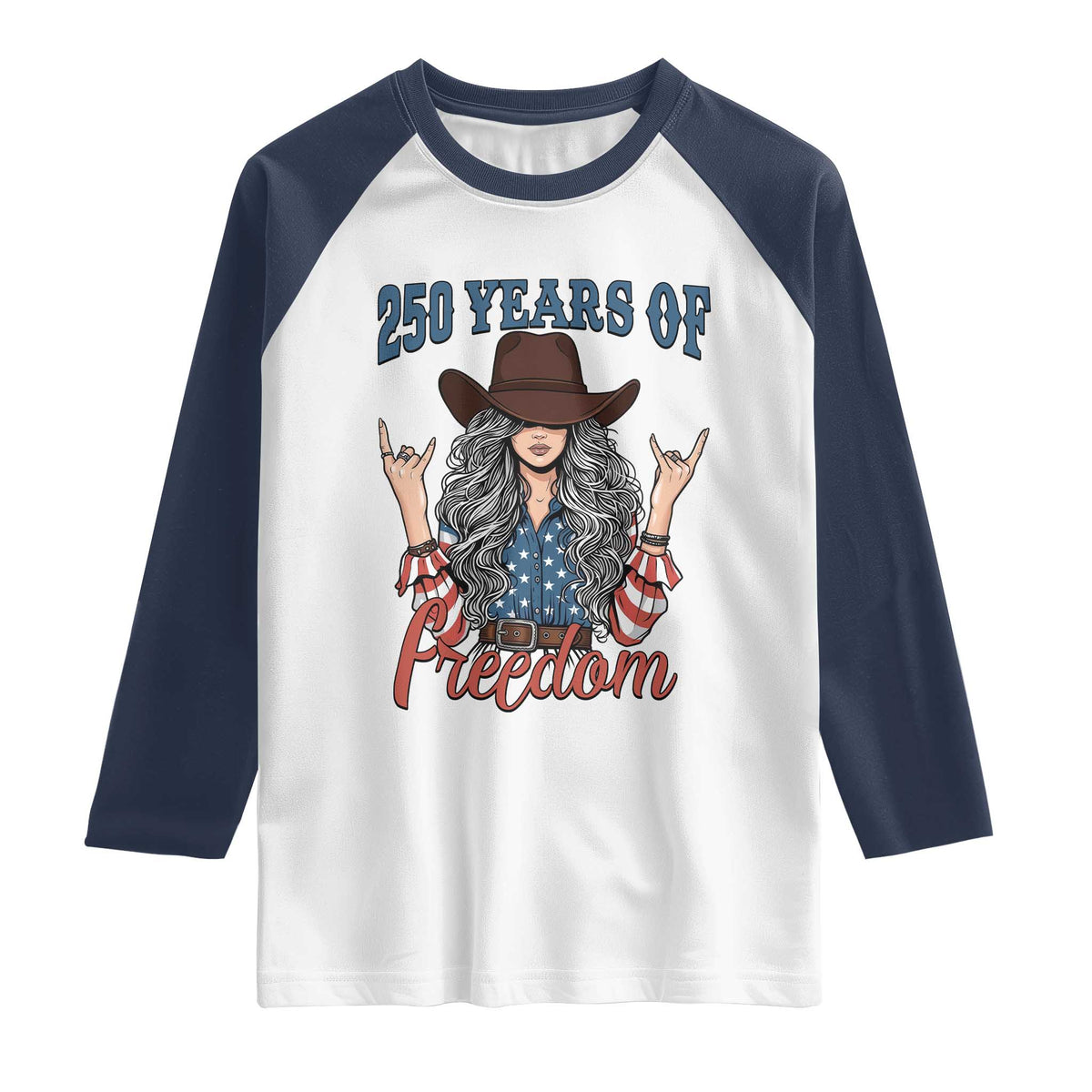 America 250th Anniversary Raglan Shirt Western Cowgirl American Flag 4th of July TS14 White Navy Print Your Wear