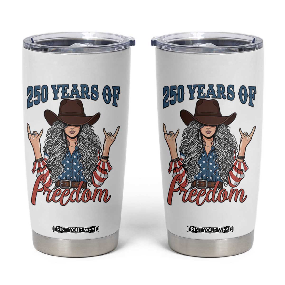 America 250th Anniversary Tumbler Cup Western Cowgirl American Flag 4th of July TS14 White Print Your Wear