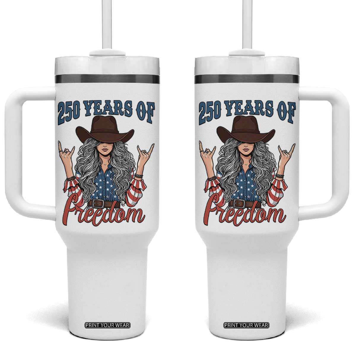 America 250th Anniversary Tumbler With Handle Western Cowgirl American Flag 4th of July TS14 One Size: 40 oz White Print Your Wear