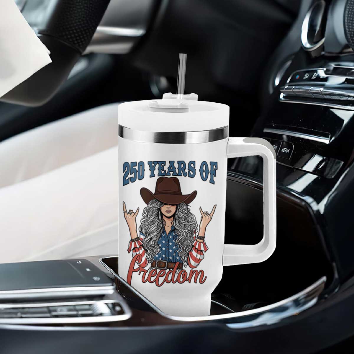 250th Anniversary USA Tumbler With Handle Western Cowgirl American Flag 4th of July TS14 Print Your Wear