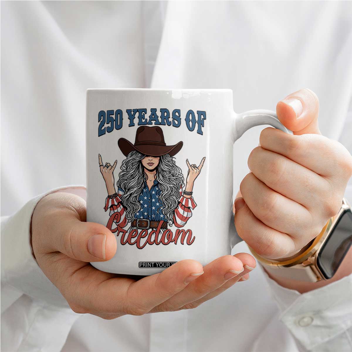 250th Anniversary USA Coffee Mug Western Cowgirl American Flag 4th of July TS14 Print Your Wear