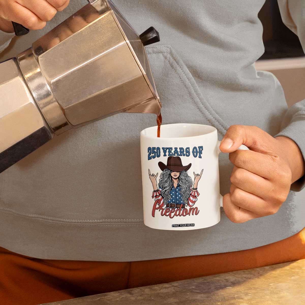 250th Anniversary USA Coffee Mug Western Cowgirl American Flag 4th of July TS14 Print Your Wear