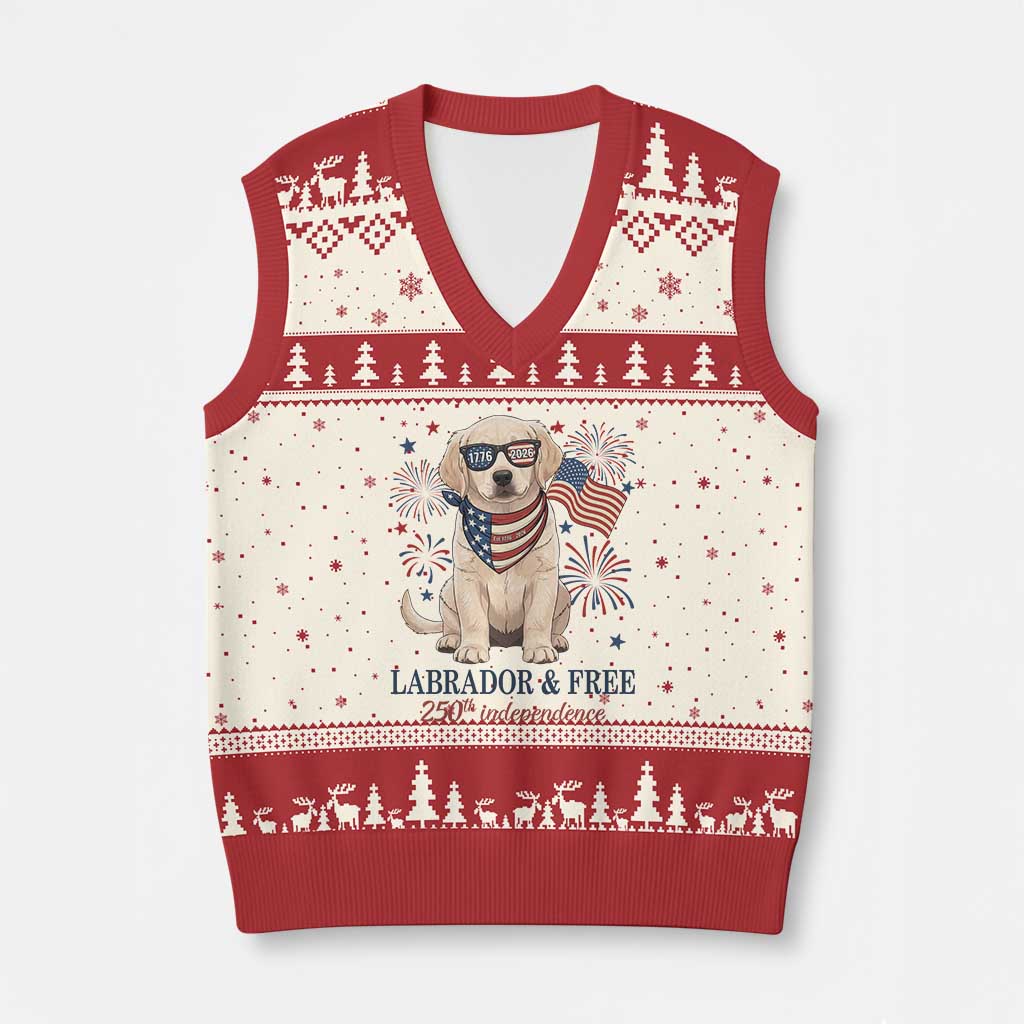 250th America Anniversary V-Neck Knit Sweater Vest Labrador Retriever American Flag 4th of July TS14 Beige Red Print Your Wear
