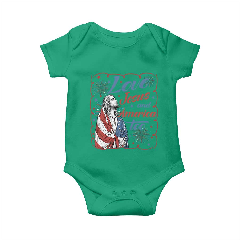 Loves Jesus and America Too Baby Onesie Patriotic Christian Jesus 4th of July TS14 Irish Green Print Your Wear