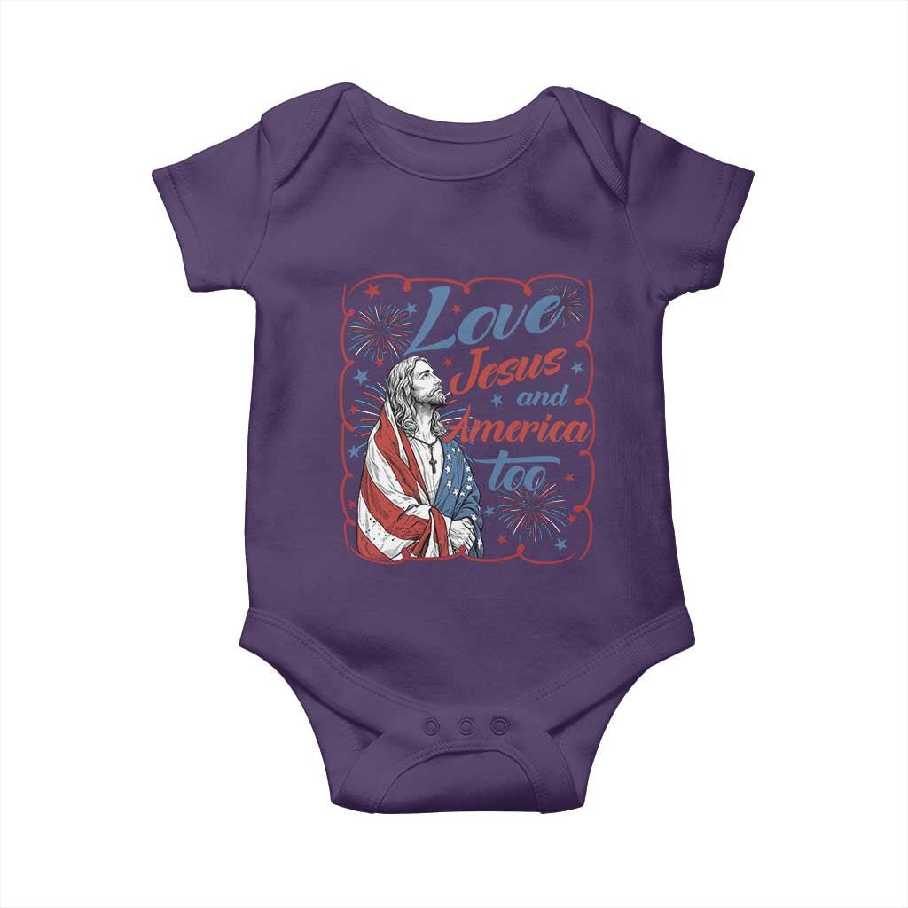 Loves Jesus and America Too Baby Onesie Patriotic Christian Jesus 4th of July TS14 Purple Print Your Wear