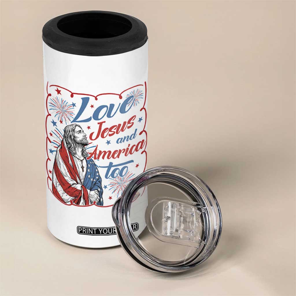 Loves Jesus and America Too 4 in 1 Can Cooler Tumbler Patriotic Christian Jesus 4th of July TS14 Print Your Wear
