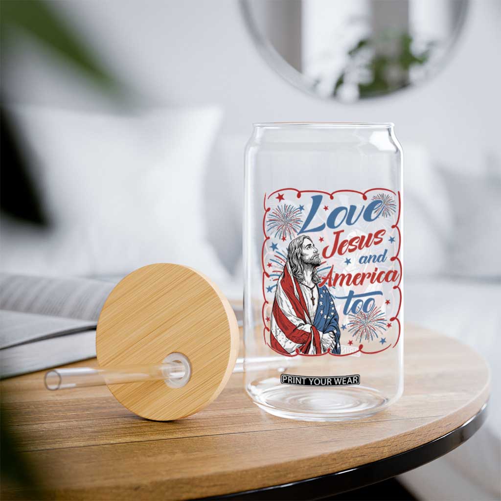 Loves Jesus and America Too Glass Can Patriotic Christian Jesus 4th of July TS14 Print Your Wear