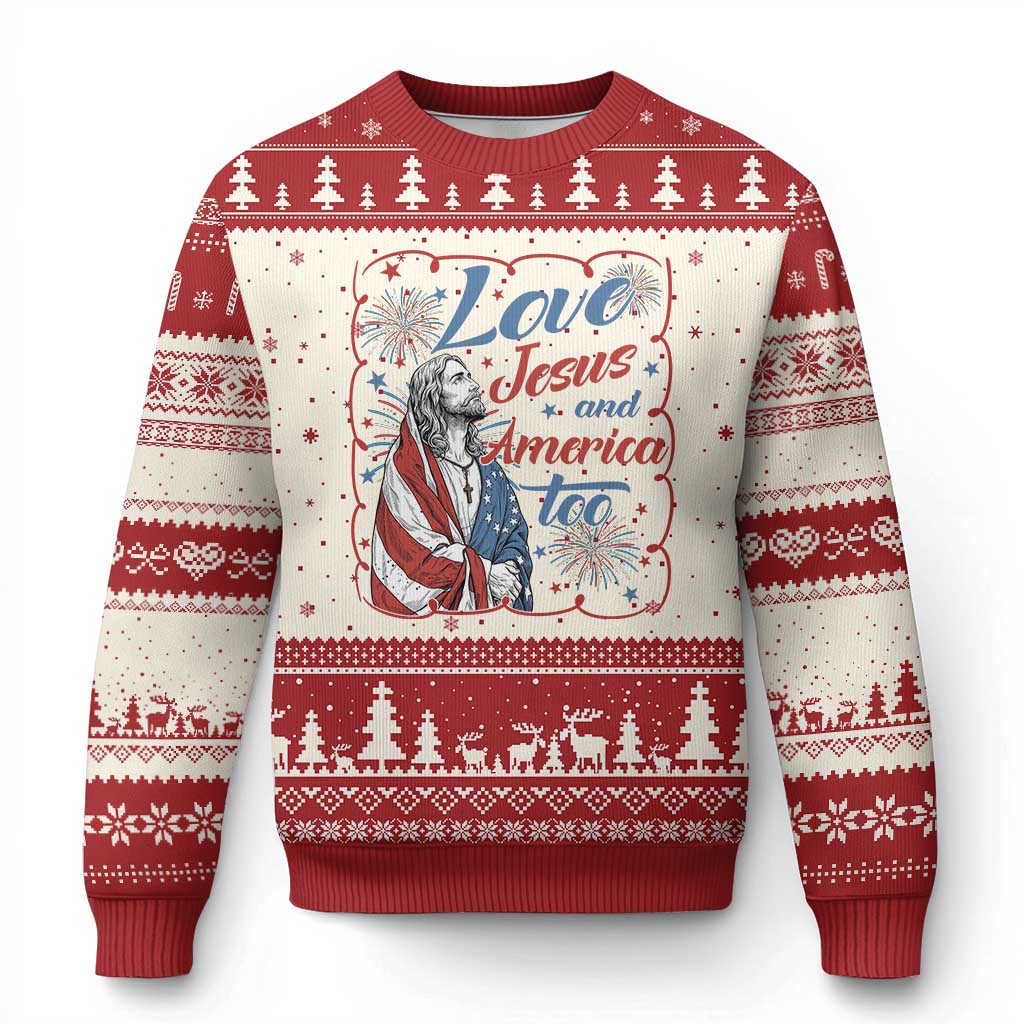 Loves Jesus and America Too Ugly Christmas Sweater Patriotic Christian Jesus 4th of July TS14 Beige Red Print Your Wear