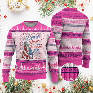 Loves Jesus and America Too Ugly Christmas Sweater Patriotic Christian Jesus 4th of July TS14 Hot Pink Print Your Wear