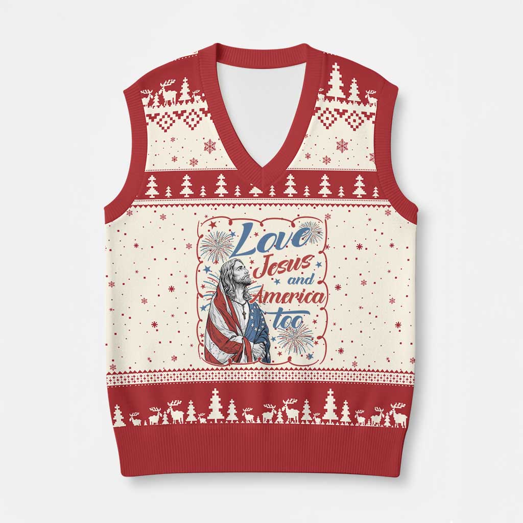 Loves Jesus and America Too V-Neck Knit Sweater Vest Patriotic Christian Jesus 4th of July TS14 Beige Red Print Your Wear