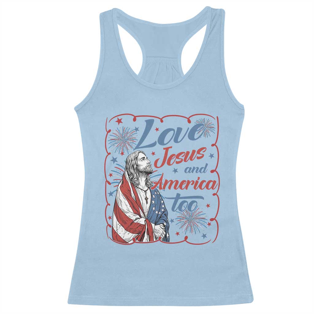 Loves Jesus and America Too Racerback Tank Top Patriotic Christian Jesus 4th of July TS14 Light Blue Print Your Wear