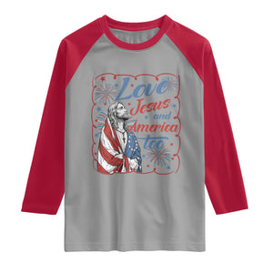 Loves Jesus and America Too Raglan Shirt Patriotic Christian Jesus 4th of July TS14 Sport Gray Red Print Your Wear