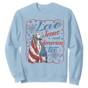 Loves Jesus and America Too Sweatshirt Patriotic Christian Jesus 4th of July TS14 Light Blue Print Your Wear