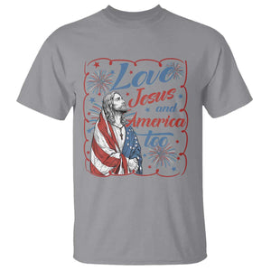 Loves Jesus and America Too T Shirt Patriotic Christian Jesus 4th of July TS14 Sport Gray Print Your Wear
