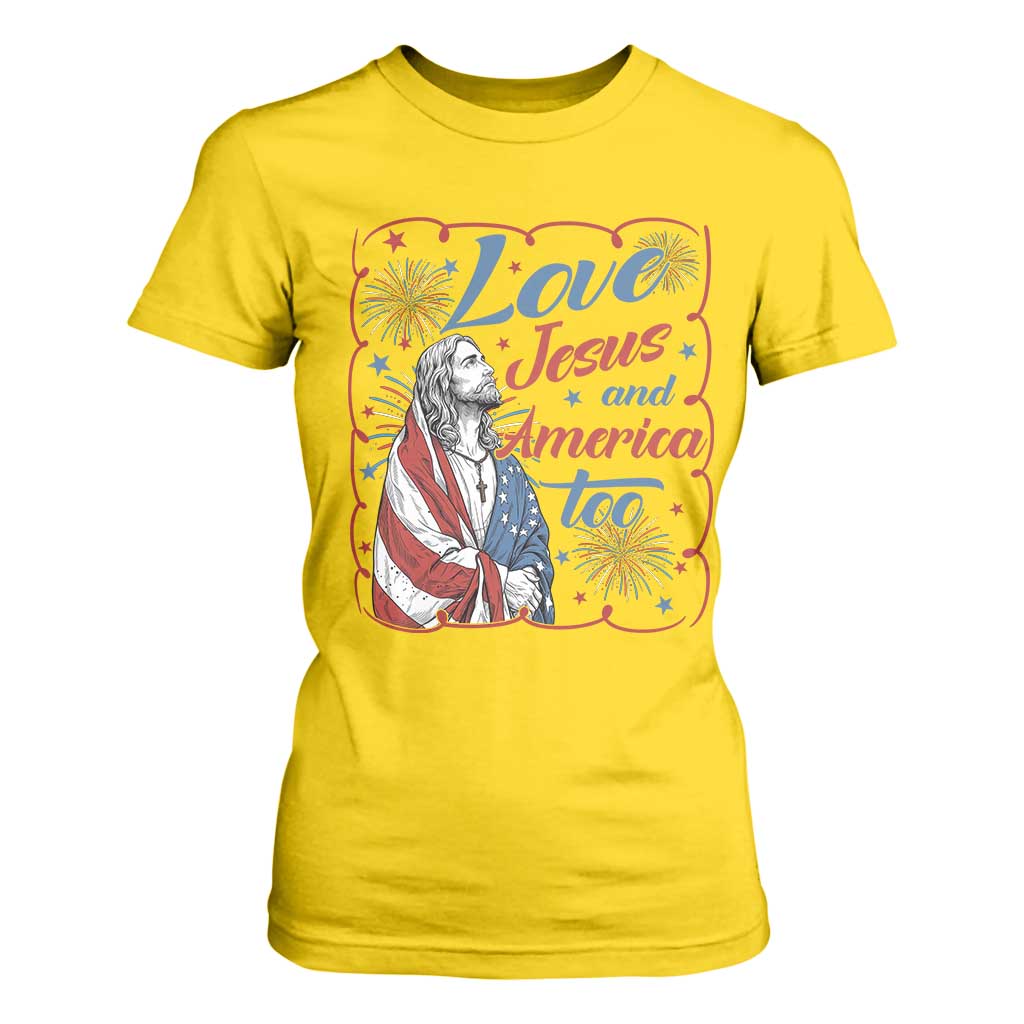 Loves Jesus and America Too T Shirt For Women Patriotic Christian Jesus 4th of July TS14 Daisy Print Your Wear