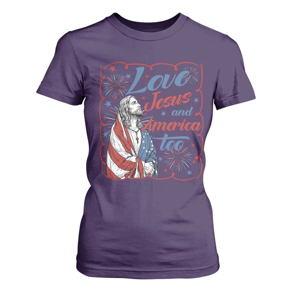 Loves Jesus and America Too T Shirt For Women Patriotic Christian Jesus 4th of July TS14 Purple Print Your Wear