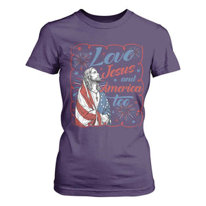 Loves Jesus and America Too T Shirt For Women Patriotic Christian Jesus 4th of July TS14 Purple Print Your Wear