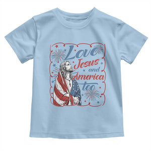 Loves Jesus and America Too Toddler T Shirt Patriotic Christian Jesus 4th of July TS14 Light Blue Print Your Wear