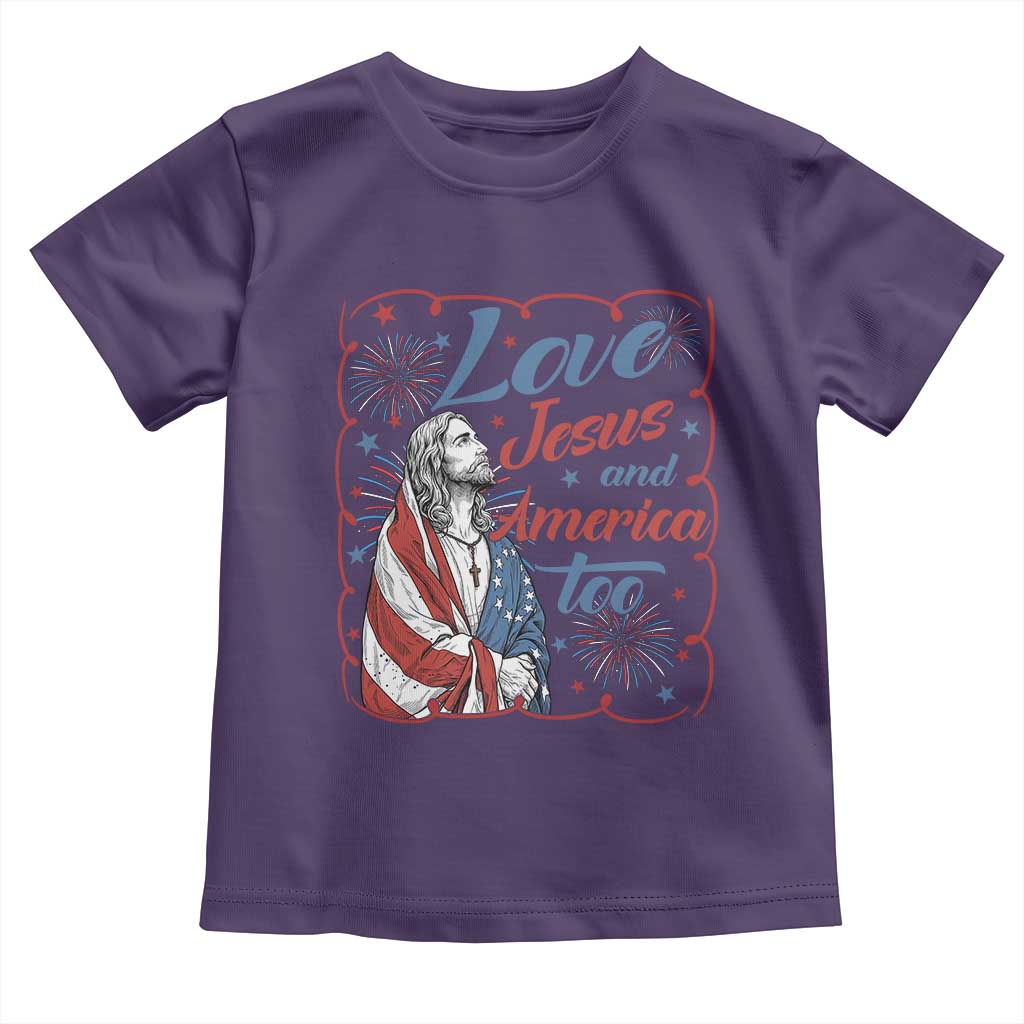 Loves Jesus and America Too Toddler T Shirt Patriotic Christian Jesus 4th of July TS14 Purple Print Your Wear