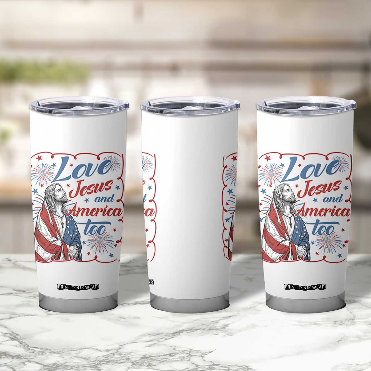 Loves Jesus and America Too Tumbler Cup Patriotic Christian Jesus 4th of July TS14 Print Your Wear