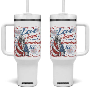 Loves Jesus and America Too Tumbler With Handle Patriotic Christian Jesus 4th of July TS14 One Size: 40 oz White Print Your Wear