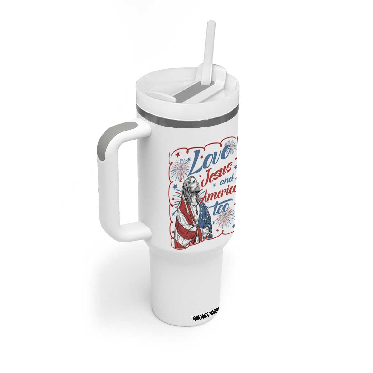 Loves Jesus and America Too Tumbler With Handle Patriotic Christian Jesus 4th of July TS14 Print Your Wear
