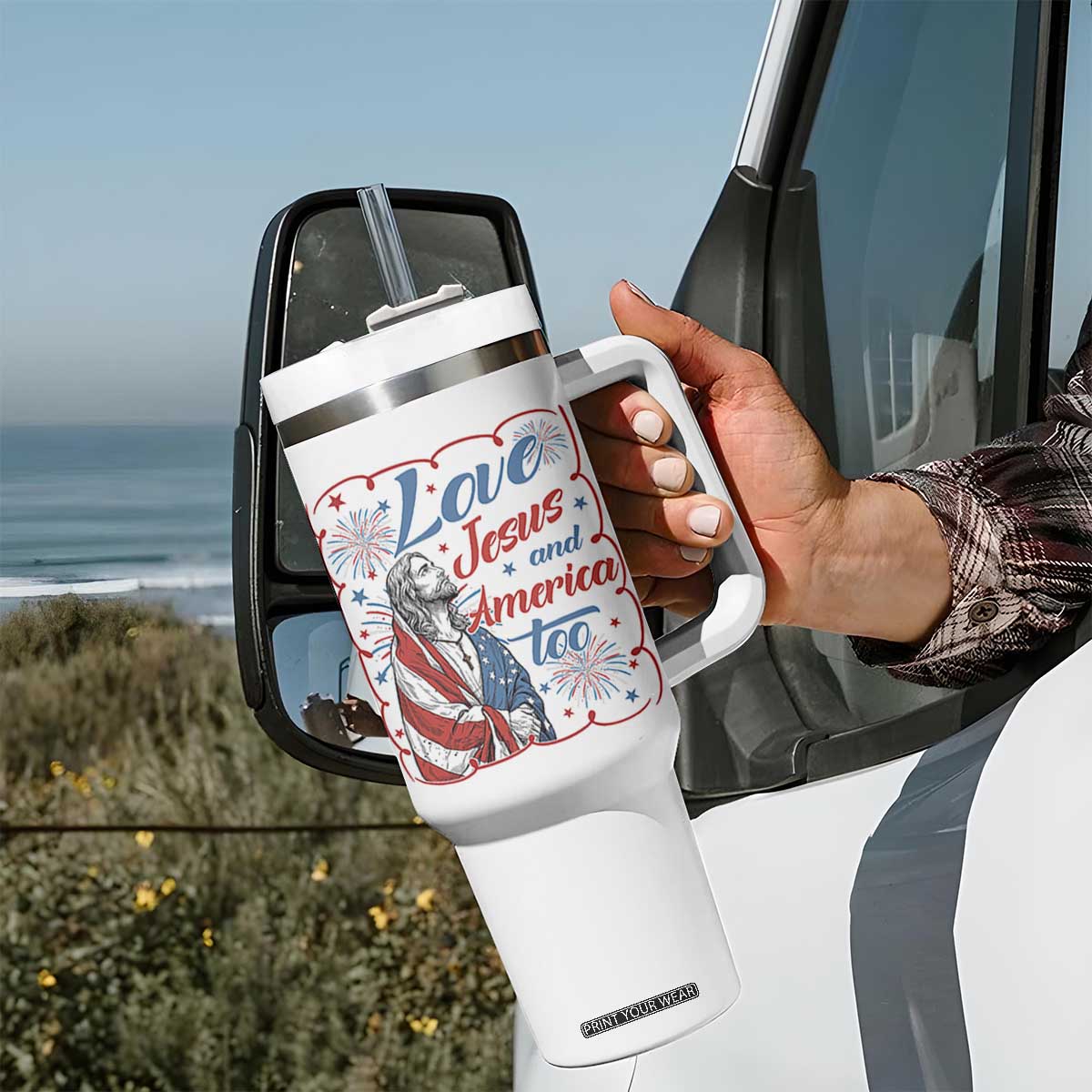 Loves Jesus and America Too Tumbler With Handle Patriotic Christian Jesus 4th of July TS14 Print Your Wear