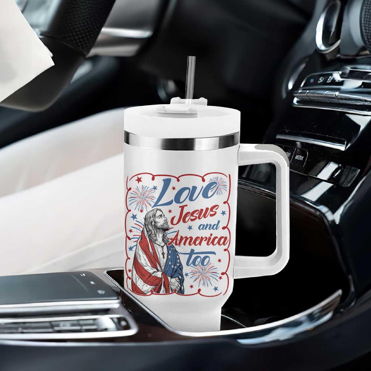 Loves Jesus and America Too Tumbler With Handle Patriotic Christian Jesus 4th of July TS14 Print Your Wear