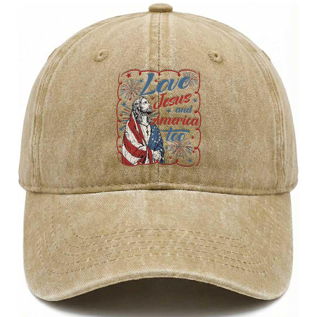 Loves Jesus and America Too Washed Cotton Baseball Cap Patriotic Christian Jesus 4th of July TS14 Print Your Wear