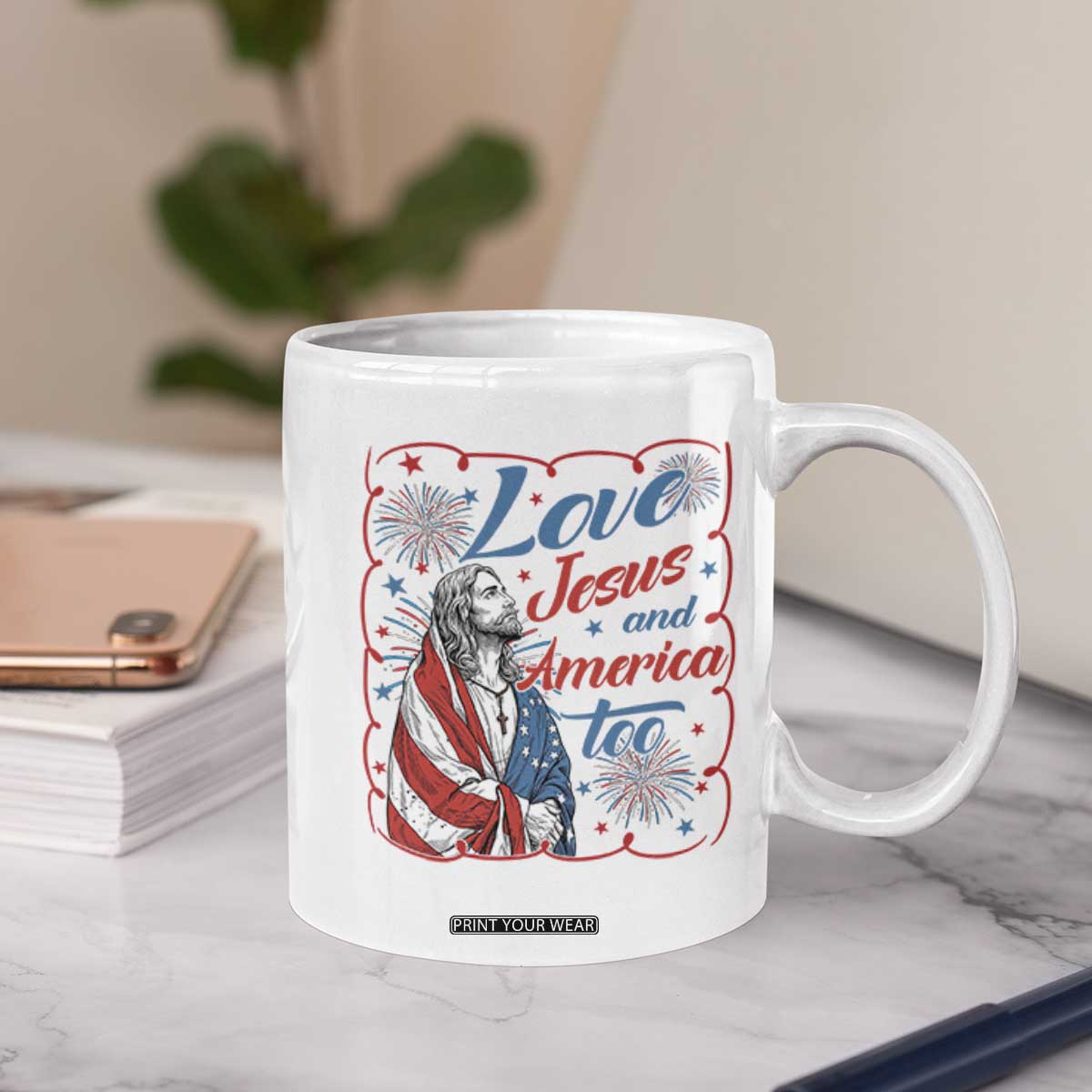 Loves Jesus and America Too Coffee Mug Patriotic Christian Jesus 4th of July TS14 Print Your Wear