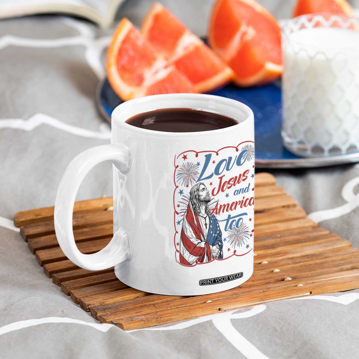 Loves Jesus and America Too Coffee Mug Patriotic Christian Jesus 4th of July TS14 Print Your Wear
