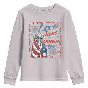 Loves Jesus and America Too Youth Sweatshirt Patriotic Christian Jesus 4th of July TS14 Ice Gray Print Your Wear