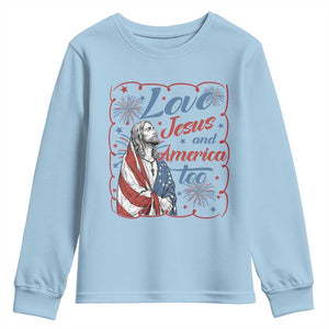 Loves Jesus and America Too Youth Sweatshirt Patriotic Christian Jesus 4th of July TS14 Light Blue Print Your Wear