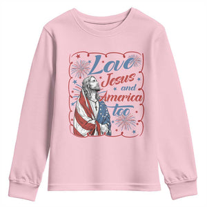 Loves Jesus and America Too Youth Sweatshirt Patriotic Christian Jesus 4th of July TS14 Light Pink Print Your Wear