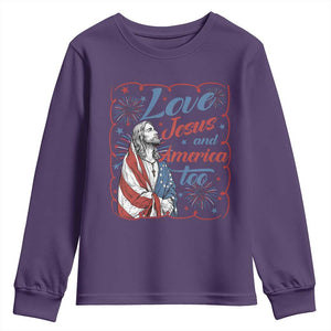 Loves Jesus and America Too Youth Sweatshirt Patriotic Christian Jesus 4th of July TS14 Purple Print Your Wear