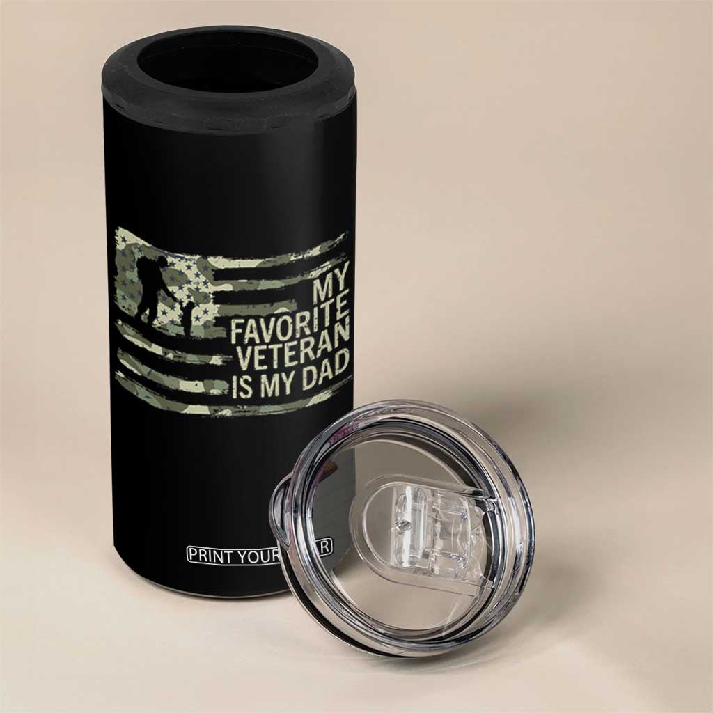 My Favorite Veteran is My Dad 4 in 1 Can Cooler Tumbler Veteran Dad Camo American Flag